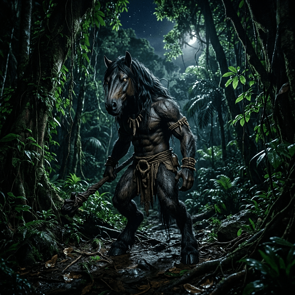 Muscular centaur with a horse head holding a wooden club in a dark jungle