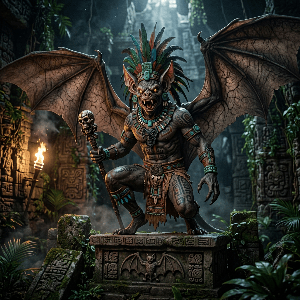 Statue of an Aztec bat god with wings, tribal tattoos, and ceremonial attire in an ancient stone temple