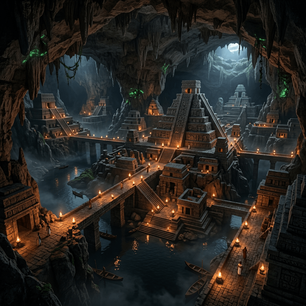 Ancient stepped pyramids connected by stone bridges inside a large cave with water and torchlight