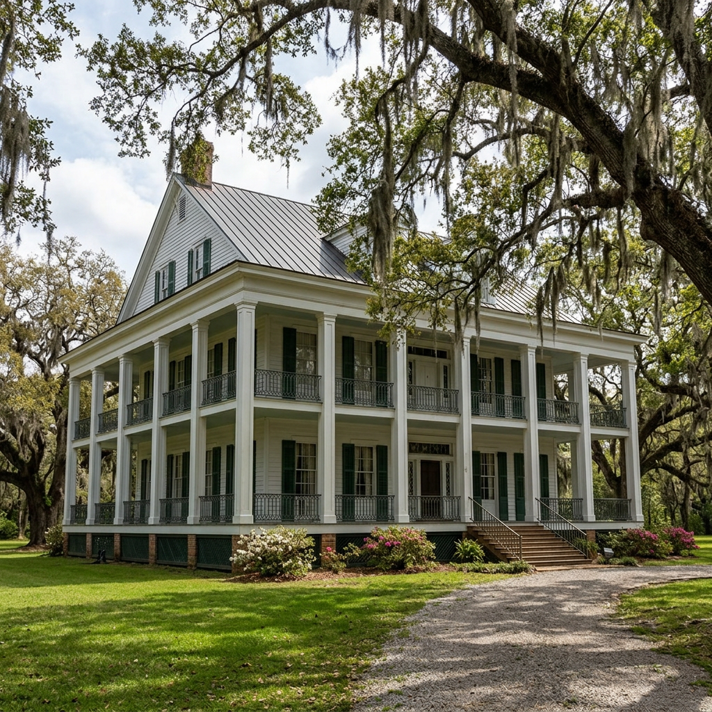 Two-story white plantation house with green shutters and wraparound porches